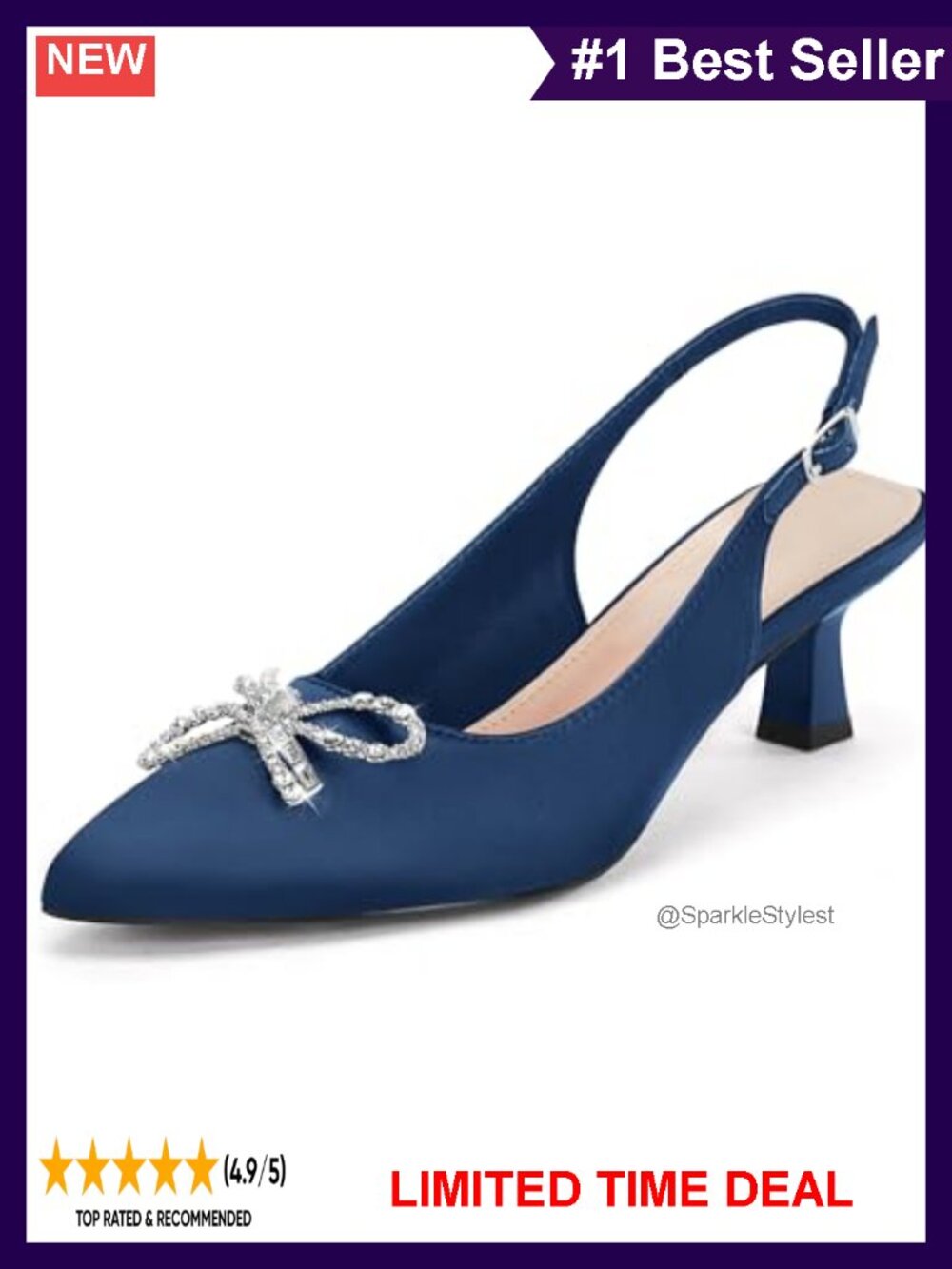 Kitten Heel Satin Slingback Pumps Pointed Toe Rhinestone Bow Dress Shoes